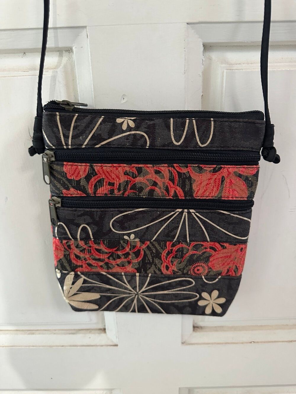 Handmade Asian Inspired Jacquard Mix Print Floral Triple Zipper Crossbody Bag